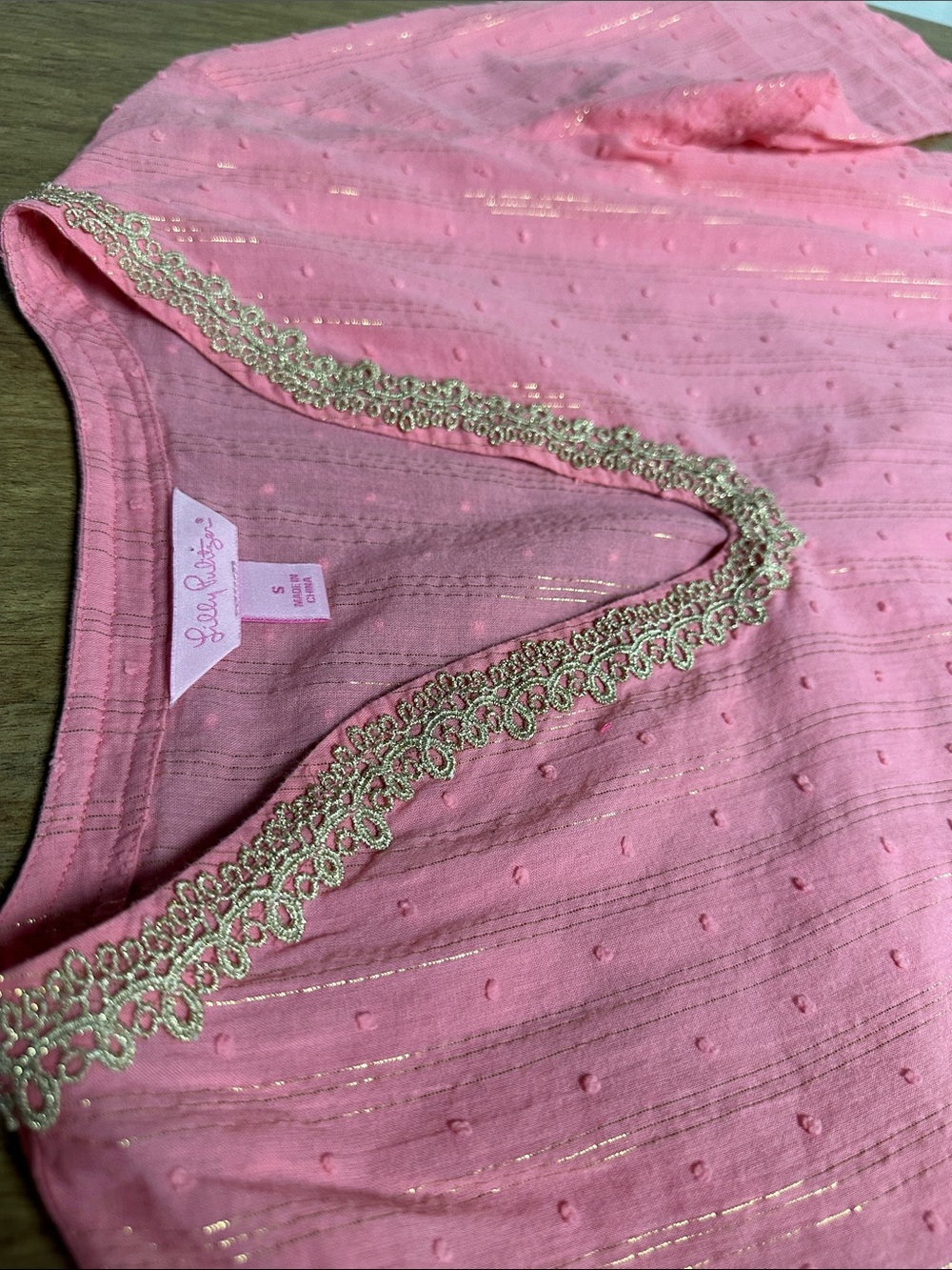 Lilly Pulitzer Esme Lurex Crinkle gold trim stripe cotton light pink tunic dress - Picture 2 of 5